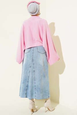 Yarasa Kol Dik Yaka Triko Kazak Pembe - Triko Kazak