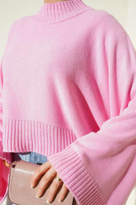 Yarasa Kol Dik Yaka Triko Kazak Pembe - Triko Kazak