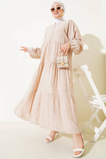 Yarasa Kol Düğmeli Kat Elbise Bej - Elbise