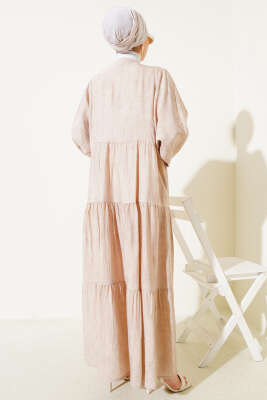 Yarasa Kol Düğmeli Kat Elbise Bej - Tesettür Elbise