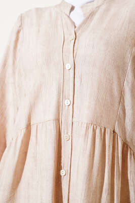 Yarasa Kol Düğmeli Kat Elbise Bej - Tesettür Elbise