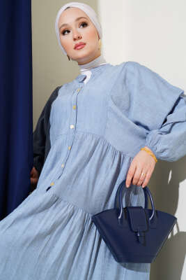 Yarasa Kol Düğmeli Kat Elbise Buz Mavisi - Tesettür Elbise