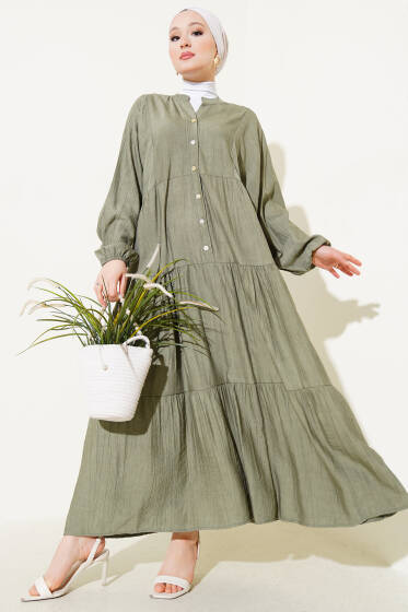 Yarasa Kol Düğmeli Kat Elbise Haki - Elbise