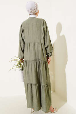 Yarasa Kol Düğmeli Kat Elbise Haki - Tesettür Elbise