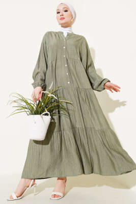 Yarasa Kol Düğmeli Kat Elbise Haki - NEVA MODA