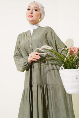 Yarasa Kol Düğmeli Kat Elbise Haki - Tesettür Elbise