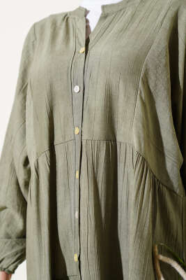 Yarasa Kol Düğmeli Kat Elbise Haki - Tesettür Elbise