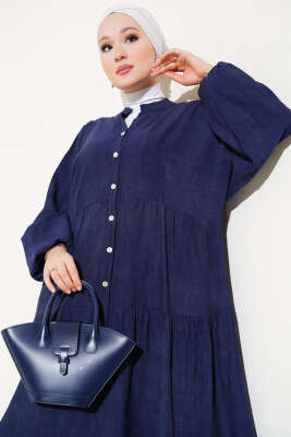 Yarasa Kol Düğmeli Kat Elbise Lacivert - Tesettür Elbise
