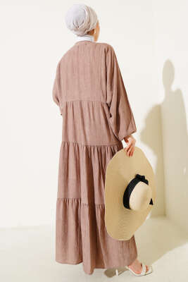 Yarasa Kol Düğmeli Kat Elbise Latte - Tesettür Elbise