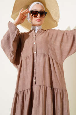 Yarasa Kol Düğmeli Kat Elbise Latte - Tesettür Elbise