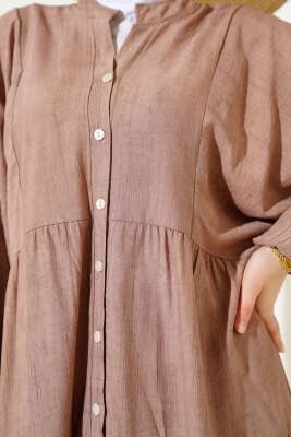 Yarasa Kol Düğmeli Kat Elbise Latte - Tesettür Elbise