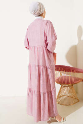 Yarasa Kol Düğmeli Kat Elbise Pudra - Tesettür Elbise