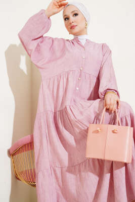 Yarasa Kol Düğmeli Kat Elbise Pudra - Tesettür Elbise