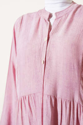 Yarasa Kol Düğmeli Kat Elbise Pudra - Tesettür Elbise