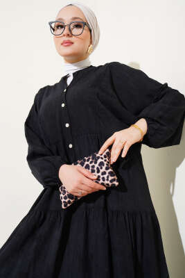 Yarasa Kol Düğmeli Kat Elbise Siyah - Tesettür Elbise