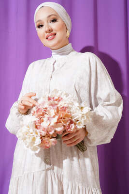 Yarasa Kol Düğmeli Kat Elbise Taş - Tesettür Elbise