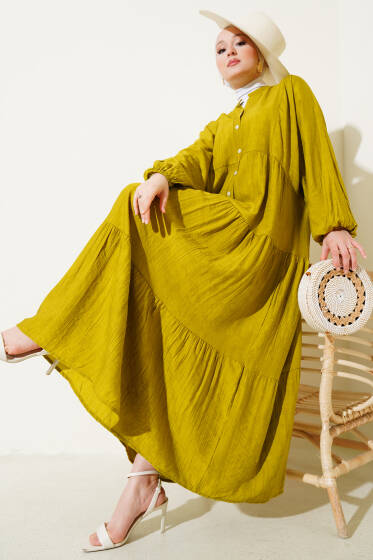 Yarasa Kol Düğmeli Kat Elbise Yağ Yeşili - Elbise