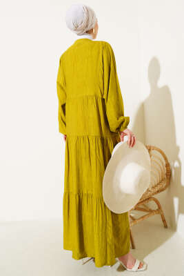 Yarasa Kol Düğmeli Kat Elbise Yağ Yeşili - Tesettür Elbise