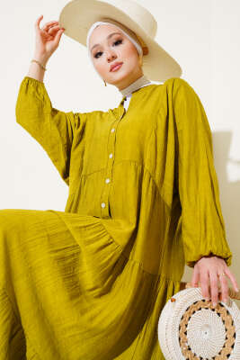 Yarasa Kol Düğmeli Kat Elbise Yağ Yeşili - Tesettür Elbise