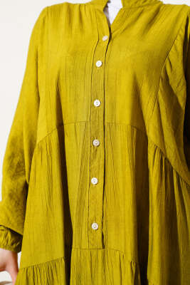 Yarasa Kol Düğmeli Kat Elbise Yağ Yeşili - Tesettür Elbise