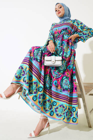 Yarasa Kol Etnik Desen Elbise Mavi Fuşya - Elbise