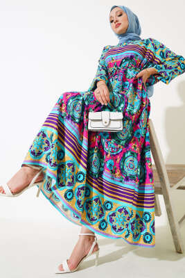 Yarasa Kol Etnik Desen Elbise Mavi Fuşya 