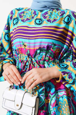 Yarasa Kol Etnik Desen Elbise Mavi Fuşya - Tesettür Elbise