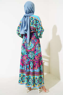 Yarasa Kol Etnik Desen Elbise Mavi Fuşya - Tesettür Elbise