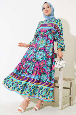 Yarasa Kol Etnik Desen Elbise Mavi Fuşya - Tesettür Elbise