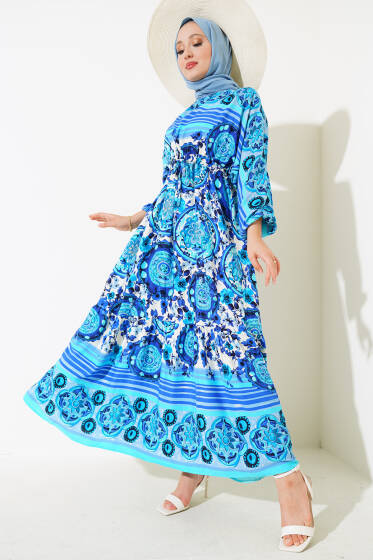 Yarasa Kol Etnik Desen Elbise Saks - Elbise