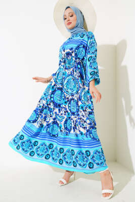 Yarasa Kol Etnik Desen Elbise Saks 