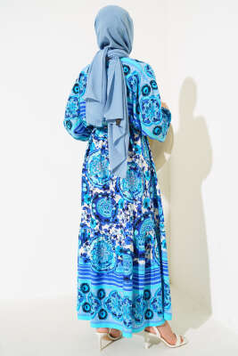 Yarasa Kol Etnik Desen Elbise Saks - Tesettür Elbise