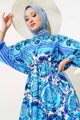 Yarasa Kol Etnik Desen Elbise Saks - Tesettür Elbise