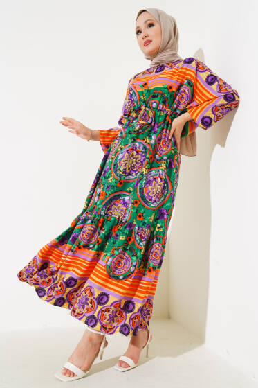 Yarasa Kol Etnik Desen Elbise Yeşil - Elbise