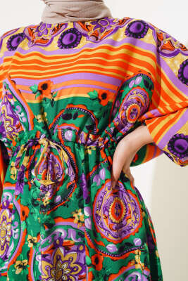 Yarasa Kol Etnik Desen Elbise Yeşil - Tesettür Elbise