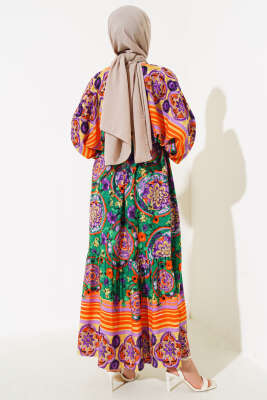 Yarasa Kol Etnik Desen Elbise Yeşil - Tesettür Elbise