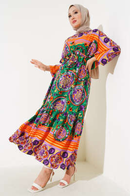 Yarasa Kol Etnik Desen Elbise Yeşil