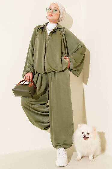 Yarasa Kol Fermuarlı Salaş İkili Takım Haki - İkili Takım