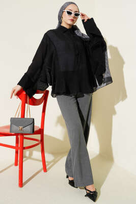 Yarasa Kol Fırfırlı Bluz Siyah - Bluz