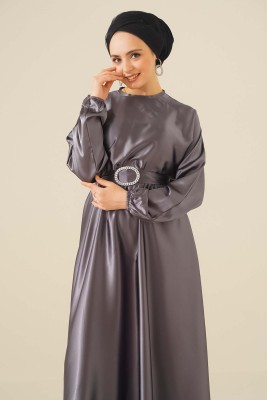 Yarasa Kol Füme Saten Elbise - Thumbnail