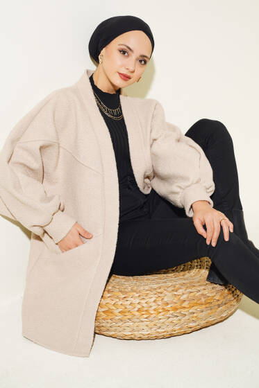 Yarasa Kol Kemerli Buklet Ceket Bej - Ceket
