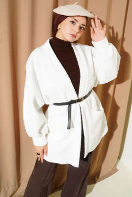 Yarasa Kol Kemerli Buklet Ceket Beyaz - Ceket