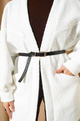 Yarasa Kol Kemerli Buklet Ceket Beyaz - Ceket