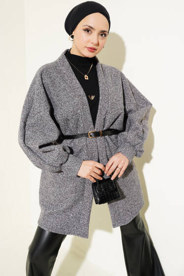 Yarasa Kol Kemerli Buklet Ceket Füme - Ceket