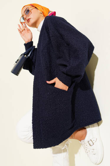 Yarasa Kol Kemerli Buklet Ceket Lacivert - Ceket