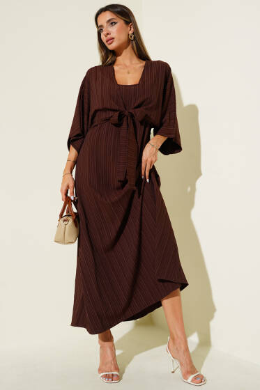 Yarasa Kol Kimonolu Elbise Kahve - Kadın Giyim Modelleri