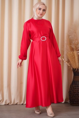 Yarasa Kol Kırmızı Saten Elbise - Thumbnail