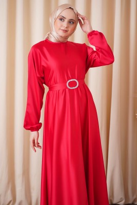 Yarasa Kol Kırmızı Saten Elbise - Thumbnail