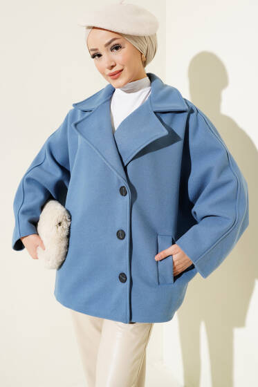 Yarasa Kol Kısa Kaşe Kaban İndigo - Kaban