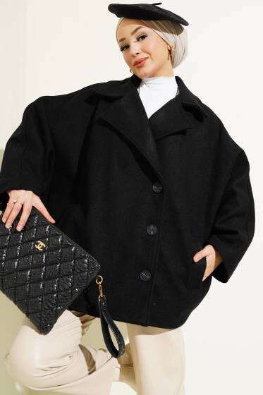 Yarasa Kol Kısa Kaşe Kaban Siyah - Kaban